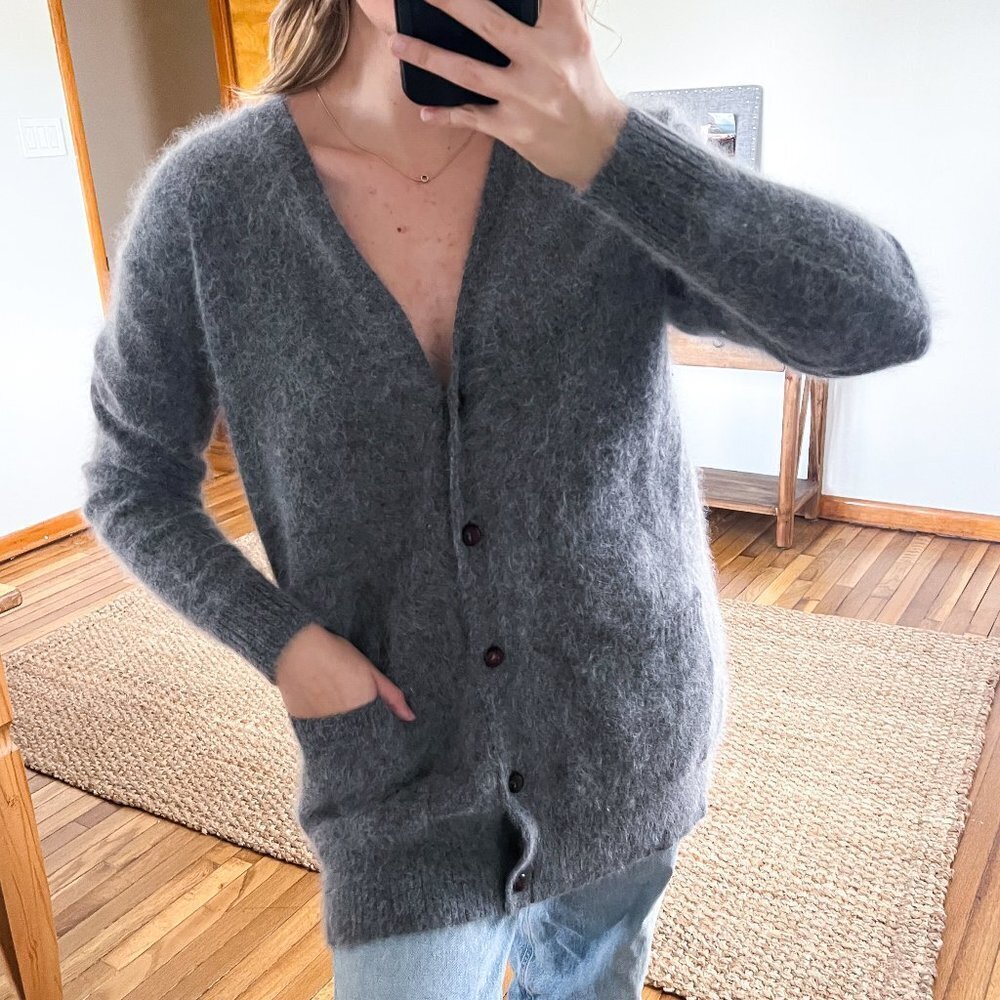 MAJE Gray Angora Blend Long Button Down V Neck Designer Cardigan Sweater OS